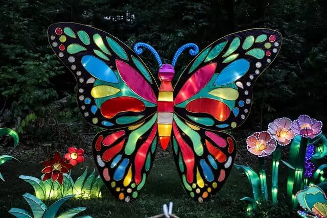 Illuminated butterfly lantern sculpture with colorful wings and other flower sculptures displayed in a garden.