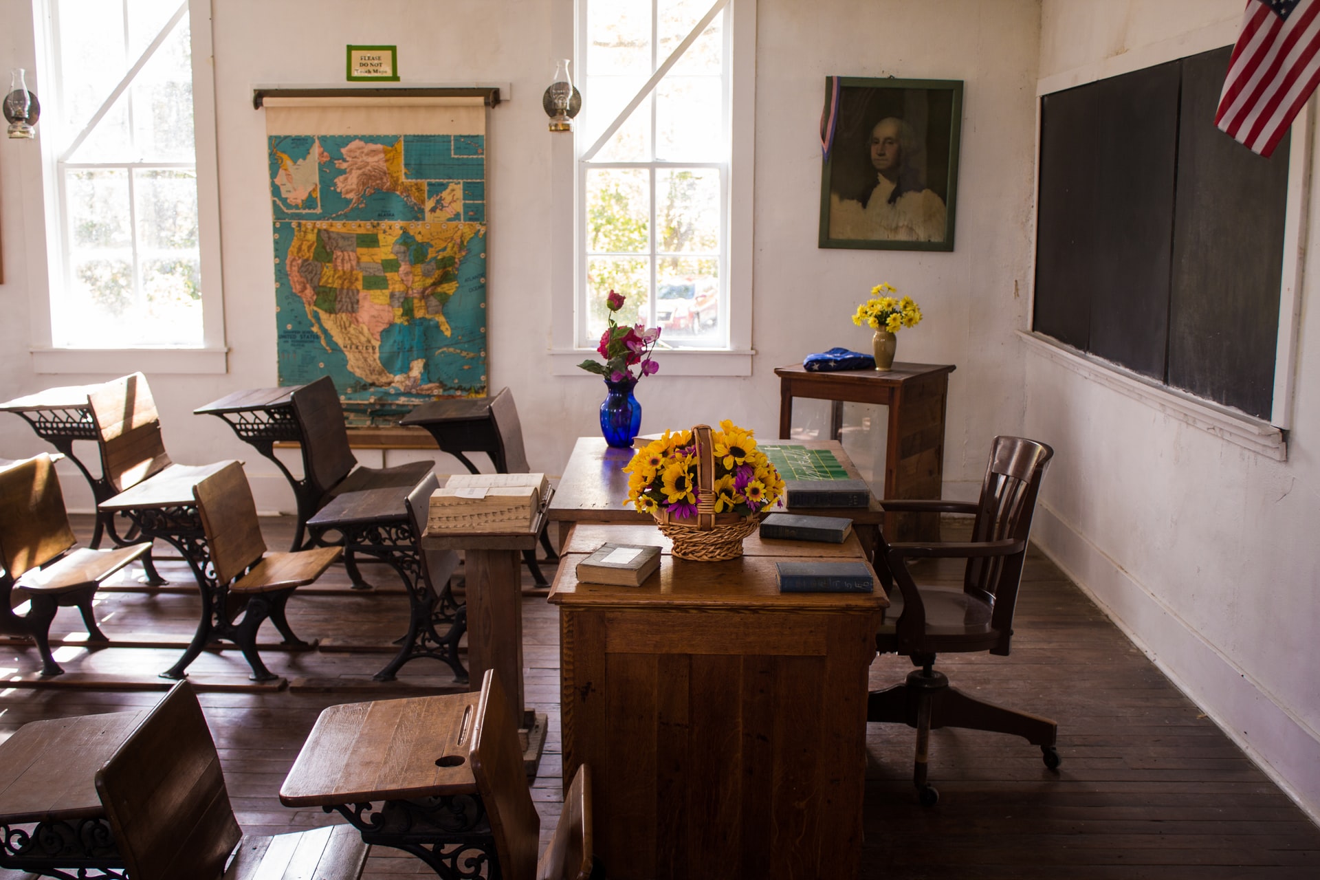 A classroom full of school desks