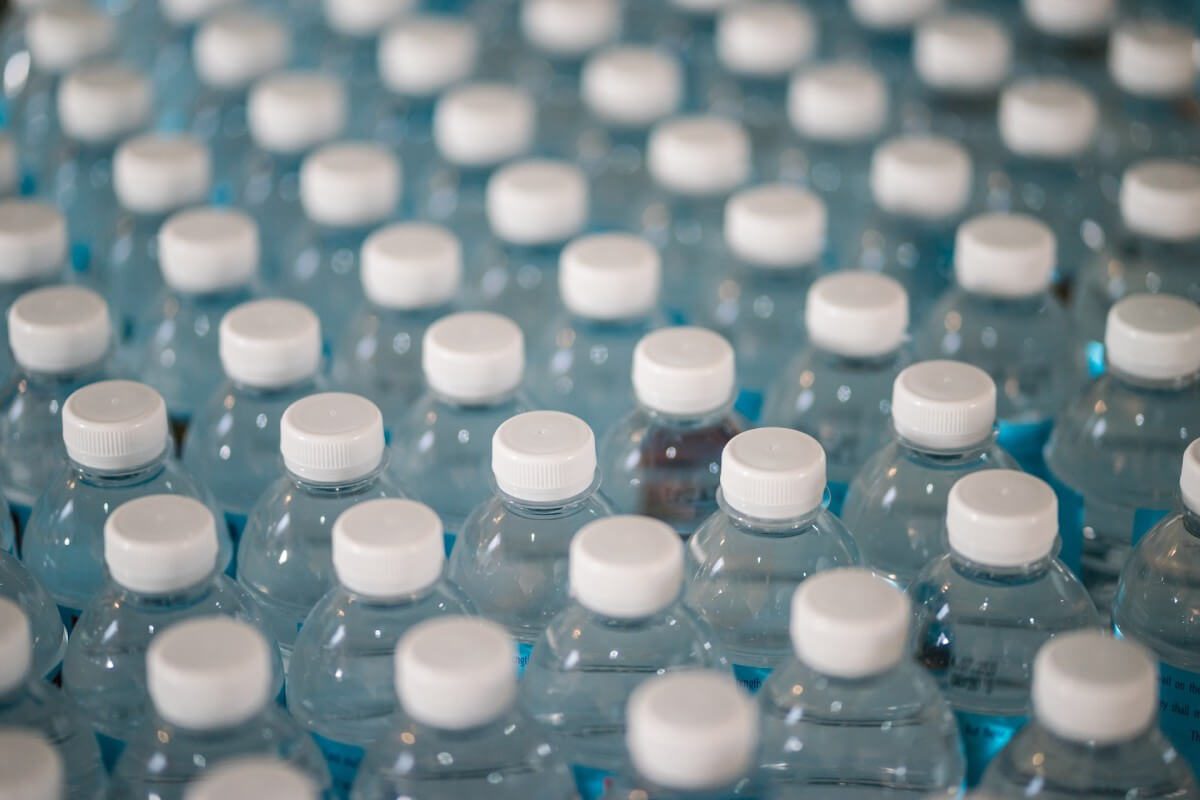 plastic water bottles made from Polyester Terephthalate (PET)